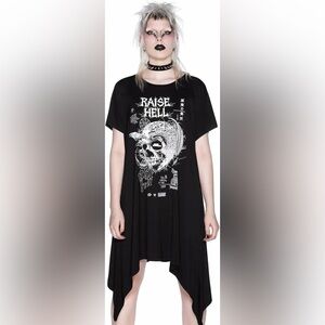 Killstar black Rise Up tunic top with asymmetrical hem and short sleeves